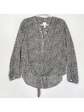 Chicos Shirt Womens 1 Black 8 Leopard Sequin V Neck Long Sleeve Tie Front Top